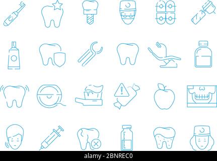 Icone stomatologiche. Protezione dei denti dentali ortodonzia carie della bocca estrazione vettore sanitario simboli a linea sottile Illustrazione Vettoriale