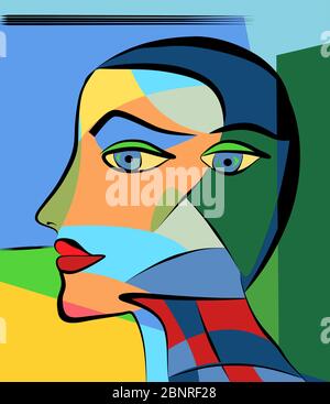 Sfondo astratto colorato, stile cubismo arte, ritratto donna Illustrazione Vettoriale