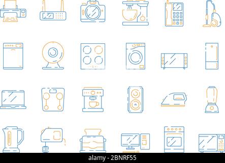 Icone di impianto elettrico domestico. Elettrodomestici moderni apparecchi microonde computer gadget frigorifero tv vettore colorati simboli sottili Illustrazione Vettoriale