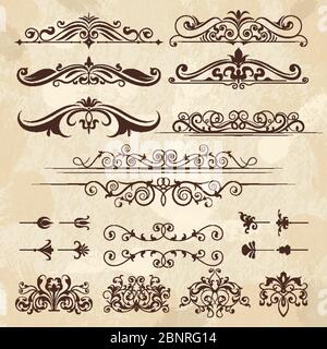 Elementi vintage del telaio. Calligraphy bordi e angoli filigrana classico modello di disegno vettoriale retrò Illustrazione Vettoriale