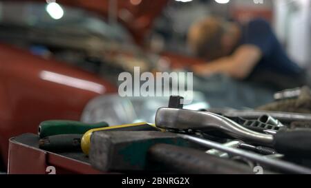 Dettagli kit attrezzi da primo piano. Foto Stock