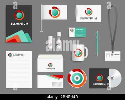 Identità aziendale. Branding vettore realistico mockup copertina busta cartella per cd vuoto biglietti da visita caselle di controllo usb penna Illustrazione Vettoriale