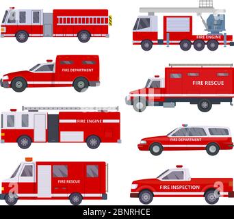 Motore antincendio. Collezione con rosso servizio illuminazione reparto emergenza van elicottero veicoli vettoriali Illustrazione Vettoriale