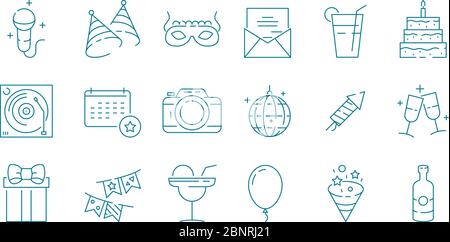 Icona evento. Festa festa festa compleanno celebrazione divertimento vettore sottile linea simboli raccolta Illustrazione Vettoriale