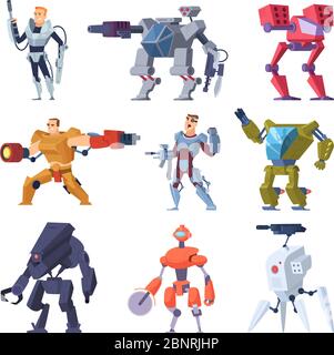 Robot da combattimento. Armour Transformers android elettronica protettiva Soldier futuro armi vettori personaggi Illustrazione Vettoriale