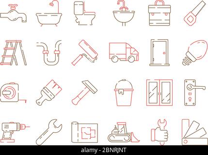 Icona attrezzatura da costruzione. Costruzione casa riparazione supporto servizio muratore oggetti raccolta vettoriale Illustrazione Vettoriale