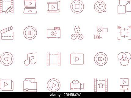Editing di video. Produzione di film digitali telecamera audio strumenti multimediali vettoriali simboli di contorno isolare Illustrazione Vettoriale