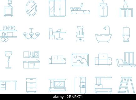 Icona mobili camera. Tavolo da letto, scrivania, divano, simboli vettoriali sottili Illustrazione Vettoriale