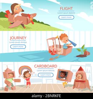 Bambini che giocano banner. Educazione prescolare giochi bambini in scatola di cartone costumi modello vettoriale Illustrazione Vettoriale