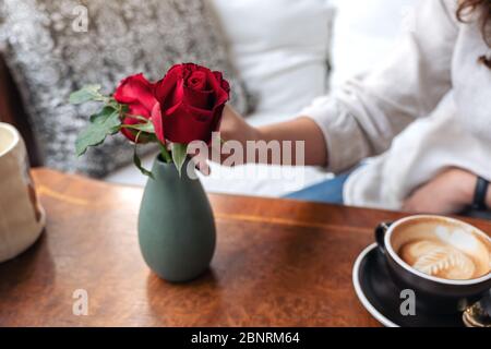 Una mano di donna che tiene e organizza rose rosse fiore in un vaso verde Foto Stock