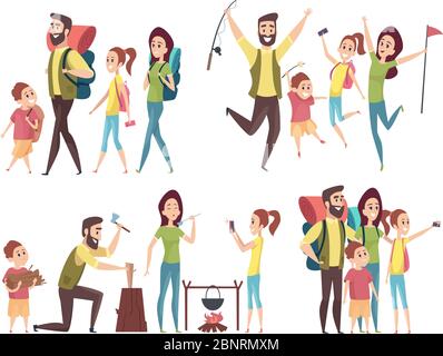 Viaggi in famiglia. Coppie felici con bambini escursioni in montagna esplorando campeggiare avventura vettori personaggi Illustrazione Vettoriale