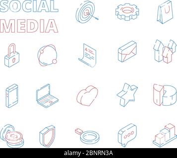 Icona isometrica marketing. Web social media network simboli Digital set mail grafici come hearts news messaggio immagini vettoriali a linea sottile Illustrazione Vettoriale