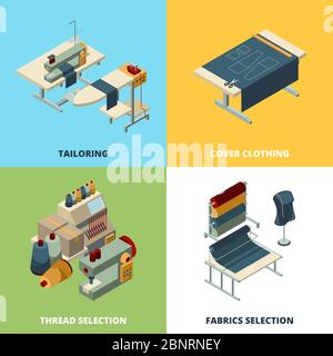 Produzione cucito. Concetto di produzione tessile vettoriale immagini macchine da cucire industriali isometriche Illustrazione Vettoriale