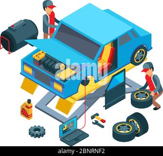 Sostituire le ruote della vettura. Tecnici che lavorano in auto service meccanico lavoro di fissaggio dettagli auto immagine vettoriale Illustrazione Vettoriale