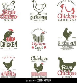 Etichette Pollo. Fast food gallina logotipi distintivi carne di fattoria di uccello vettore modello Illustrazione Vettoriale