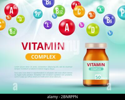 Poster vitamine. Flaconi medici con multivitaminici pillole minerali colorate vettore concetto medico medico pubblicità placard Illustrazione Vettoriale