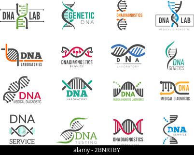 Logotipo di DNA. Identità aziendale con i simboli biotecnologici scientifici bioicone farmaceutiche Illustrazione Vettoriale