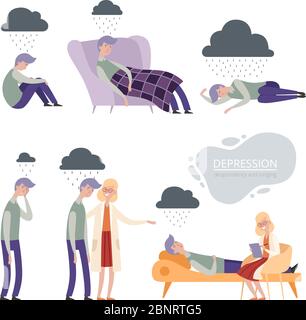 Depressione. Da solo infelice carattere vettoriale frustrato, sonno solitario depresso, terapia psicologo Illustrazione Vettoriale