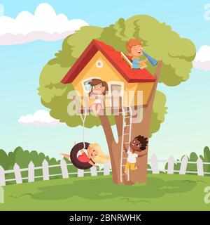 Casa su albero. Carino bambini che giocano in giardino natura arrampicata vettore bambini sfondo Illustrazione Vettoriale