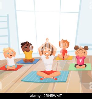 Yoga bambini gruppo. Bambini che fanno esercizi con istruttore in palestra vettore cartoon sfondo Illustrazione Vettoriale