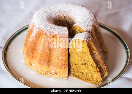 Kuerbiskernoel Gugelhupf, una torta di Bundt Stiriana fatta con olio di semi di zucca su un piatto elegante, un dessert austriaco Foto Stock