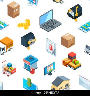 Icone di distribuzione logistica isometrica vettoriale illustrazione dello sfondo del modello Illustrazione Vettoriale