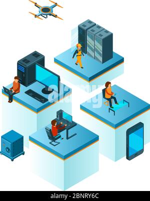 Isometrica del team aziendale. Coworking People Manager che lavorano al team di servizi cloud per smartphone laptop, creando un concetto aziendale vettoriale Illustrazione Vettoriale