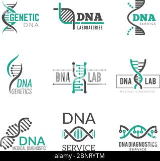 Logo DNA. Simboli di scienza genetica Helix biotech vettore identità aziendale Illustrazione Vettoriale