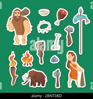 Elementi della gente della grotta. Figurine vettoriali cartoni animati cavemen figurare Illustrazione Vettoriale