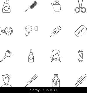 Icona di taglio. Salone di bellezza acconciatura utensili da taglio per la cottura e il lavaggio forbici asciugacapelli a pettine vettoriale sottili immagini semplici Illustrazione Vettoriale