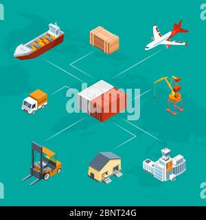 Illustrazione del concetto infografico di logistica marittima isometrica vettoriale e di porto marittimo Illustrazione Vettoriale