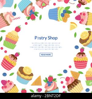 Vettore carino muffin cartoon o cupcakes sfondo con posto per l'illustrazione del testo Illustrazione Vettoriale