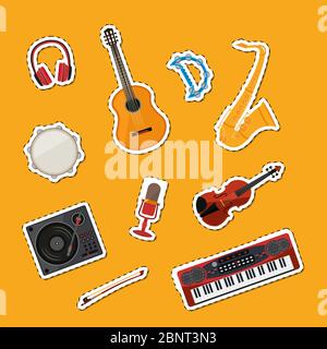 Cartoni animati vettoriali strumenti musicali adesivi set illustrazione Illustrazione Vettoriale