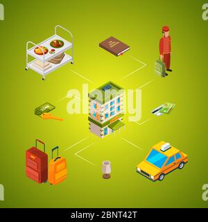 Icone isometriche vettoriali dell'hotel illustrazione del concetto infografico Illustrazione Vettoriale