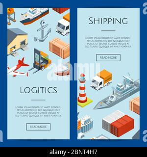Illustrazione dei modelli di banner Web per la logistica marittima isometrica vettoriale e per il porto marittimo Illustrazione Vettoriale