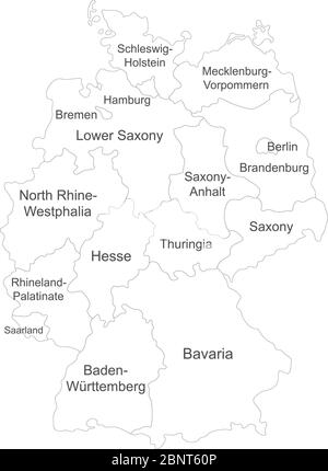 Mappa della Germania con etichette per i nomi. Sfondo bianco. Perfetto per concetti aziendali, sfondi, sfondo, poster, adesivi, banner, etichetta, grafico e wallpa Illustrazione Vettoriale