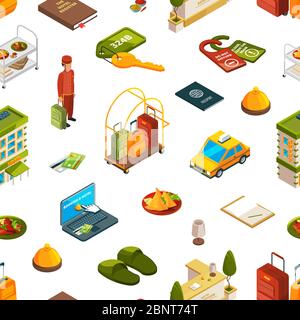 Schema delle icone isometriche degli alberghi vettoriali o illustrazione dello sfondo Illustrazione Vettoriale