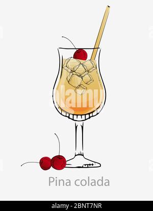 Cocktail Pina colada. Cocktail giallo ciliegie cannucce ghiaccio cube lunga bevanda alcolica. Illustrazione Vettoriale