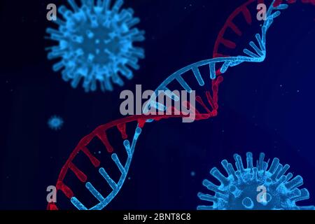Primo piano del virus su uno sfondo di un'elica del DNA, RNA e virus, rendering 3D Foto Stock