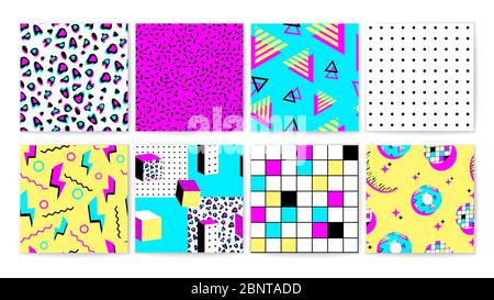 Set di diverse illustrazioni vettoriali con pattern senza giunture brillante degli anni '90 Illustrazione Vettoriale