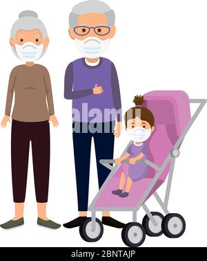 nonni con nipote utilizzando maschera facciale Illustrazione Vettoriale