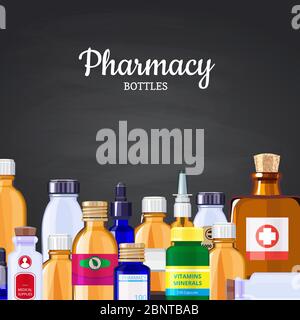 Vector farmacia farmacia medicina flaconi sfondo su lavagna nera illustrazione Illustrazione Vettoriale