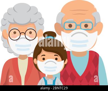 nonni con nipote utilizzando maschera facciale Illustrazione Vettoriale