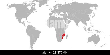 Mozambico evidenziato in blu sulla mappa mondiale. Paese africano. Perfetto per concetti aziendali, sfondi, sfondo, poster, grafico, banner, etichetta, adesivo Illustrazione Vettoriale