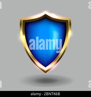 icona blu e oro su sfondo grigio. Stemmi verdi illustrazioni vettoriali realistiche. Simbolo di sicurezza e protezione Illustrazione Vettoriale