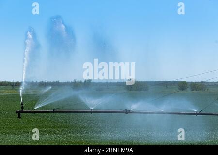 Sistema di irrigazione o irrigazione del raccolto centrale per la gestione dell'azienda irrora l'acqua sul campo Foto Stock