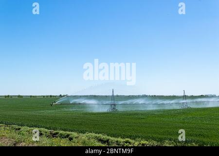 Sistema di irrigazione o irrigazione del raccolto centrale per la gestione dell'azienda irrora l'acqua sul campo Foto Stock