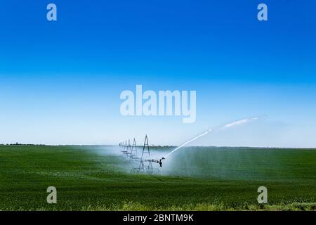 Sistema di irrigazione o irrigazione del raccolto centrale per la gestione dell'azienda irrora l'acqua sul campo Foto Stock