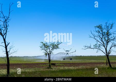 Sistema di irrigazione o irrigazione del raccolto centrale per la gestione dell'azienda irrora l'acqua sul campo Foto Stock