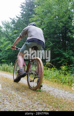 Uomo in bicicletta su Rob Brook Road ad Albany, New Hampshire Stati Uniti. Questa strada sterrata segue parti della vecchia ferrovia Bartlett e Albany che era una terra di tronchi Foto Stock